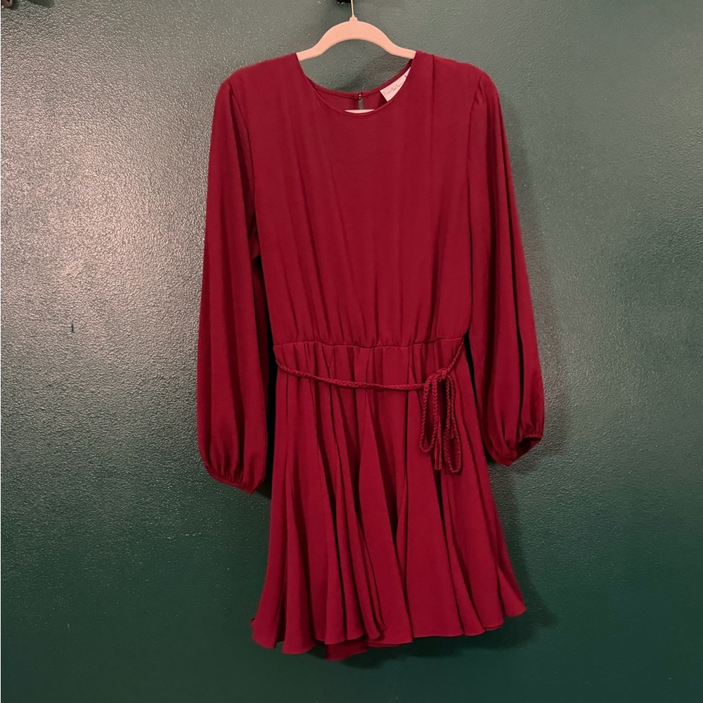 Women’s Long Sleeve Burgundy Dress with Waist Tie